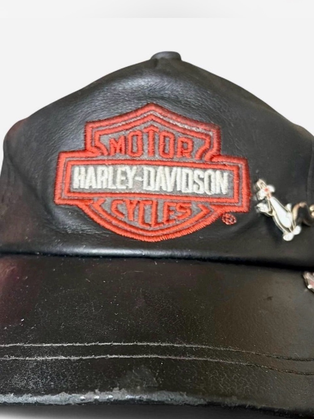 Harley-Davidson Black Leather Cap with Red & White Patch
